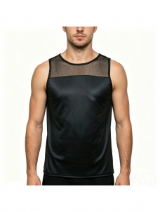 Men Mesh Splice Faux Leathen Tank Top