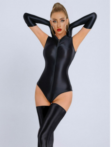 Women Glossy Sleeveless Front Zipper Bodysuit