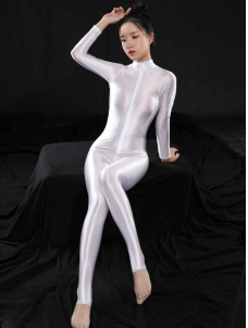Women Shiny Zipper Catsuit Long Sleeve High Neck Tigh Bodysuit