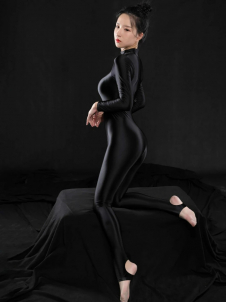 Women Shiny Zipper Catsuit Long Sleeve High Neck Tigh Bodysuit