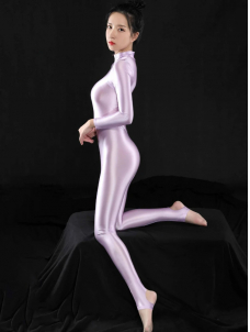 Women Shiny Zipper Catsuit Long Sleeve High Neck Tigh Bodysuit