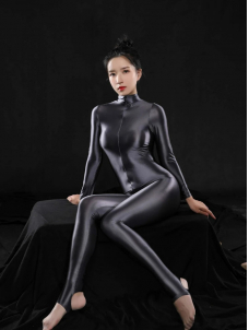Women Shiny Zipper Catsuit Long Sleeve High Neck Tigh Bodysuit